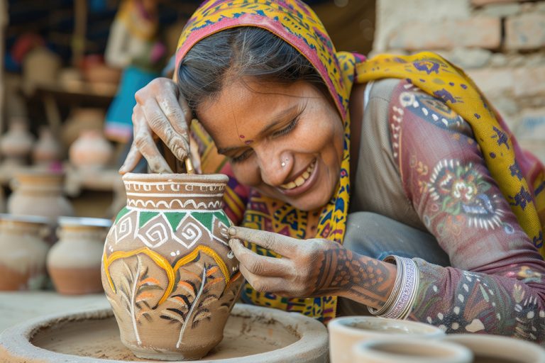 traditional-indian-woman-potter-artist-painting-clay-pots-sale